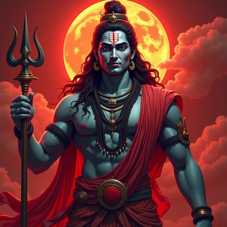 Powerful Shiva holding Trishul, red backdrop