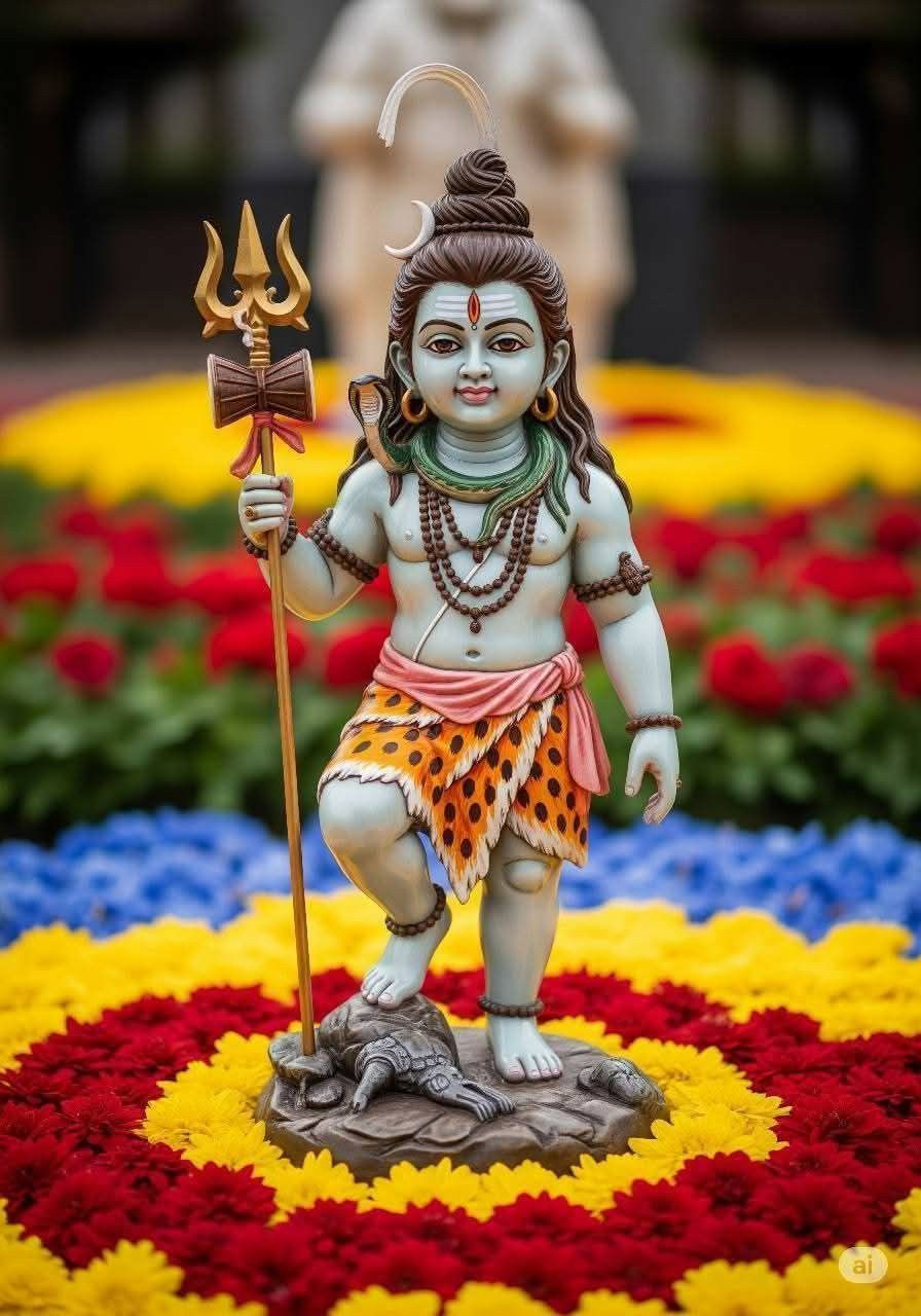 Lord Shiva amidst vibrant flower petals.