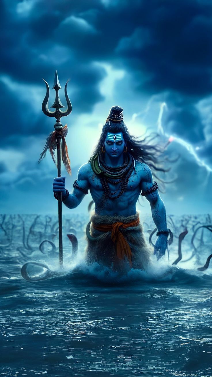 Powerful Lord Shiva with trident emerging.