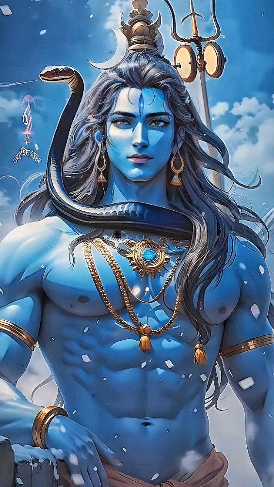 Blue-skinned Shiva with Trishul and cobra.