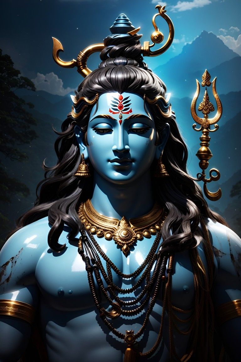 Blue-skinned Shiva with Trishul and mountains