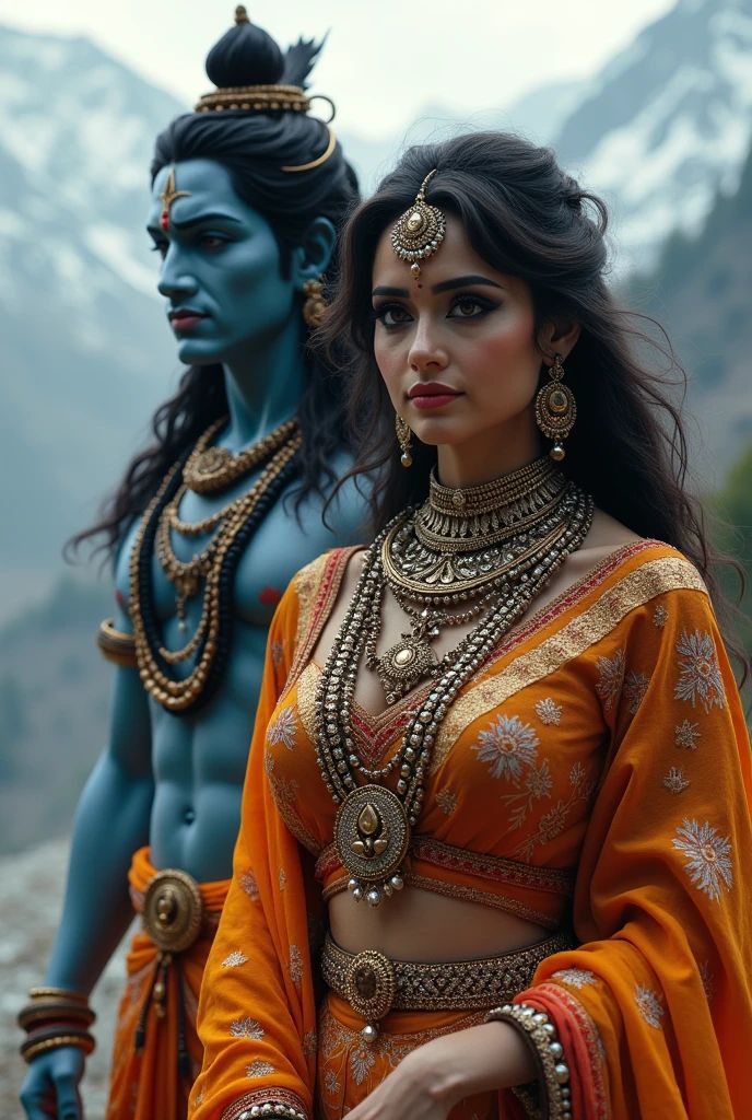 Shiva and Parvati amidst snowy mountains
