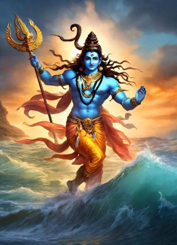 Shiva walking on ocean waves
