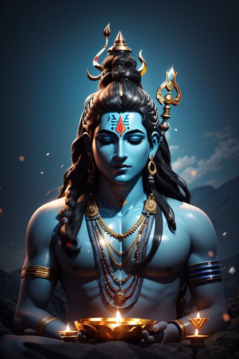 Meditating Shiva with diya and mountain backdrop