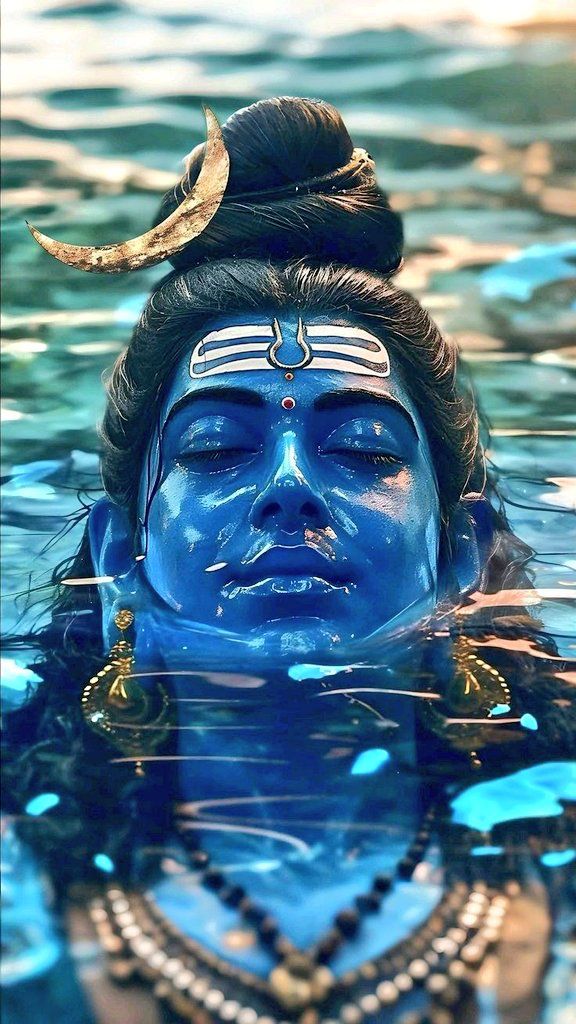 Blue-skinned Shiva meditating in water