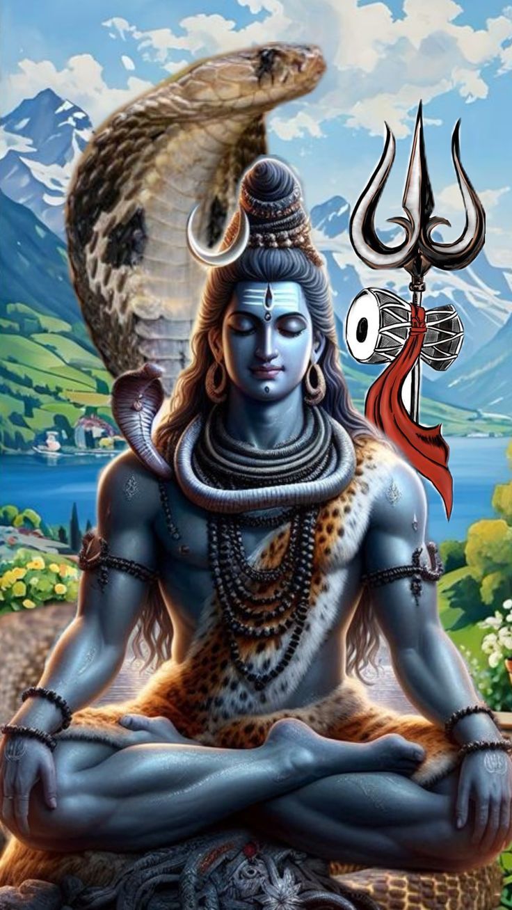 Meditating Shiva with serpent and trident.