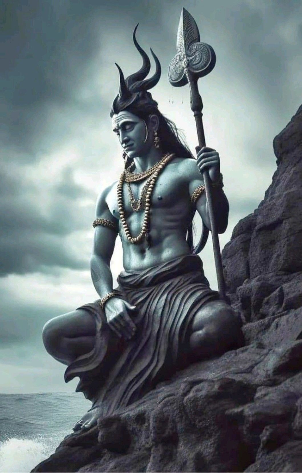 Lord Shiva meditating by the ocean