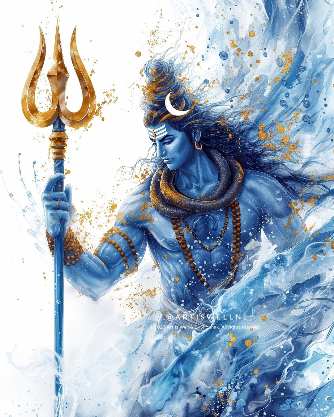Blue Shiva emerging from ocean waves