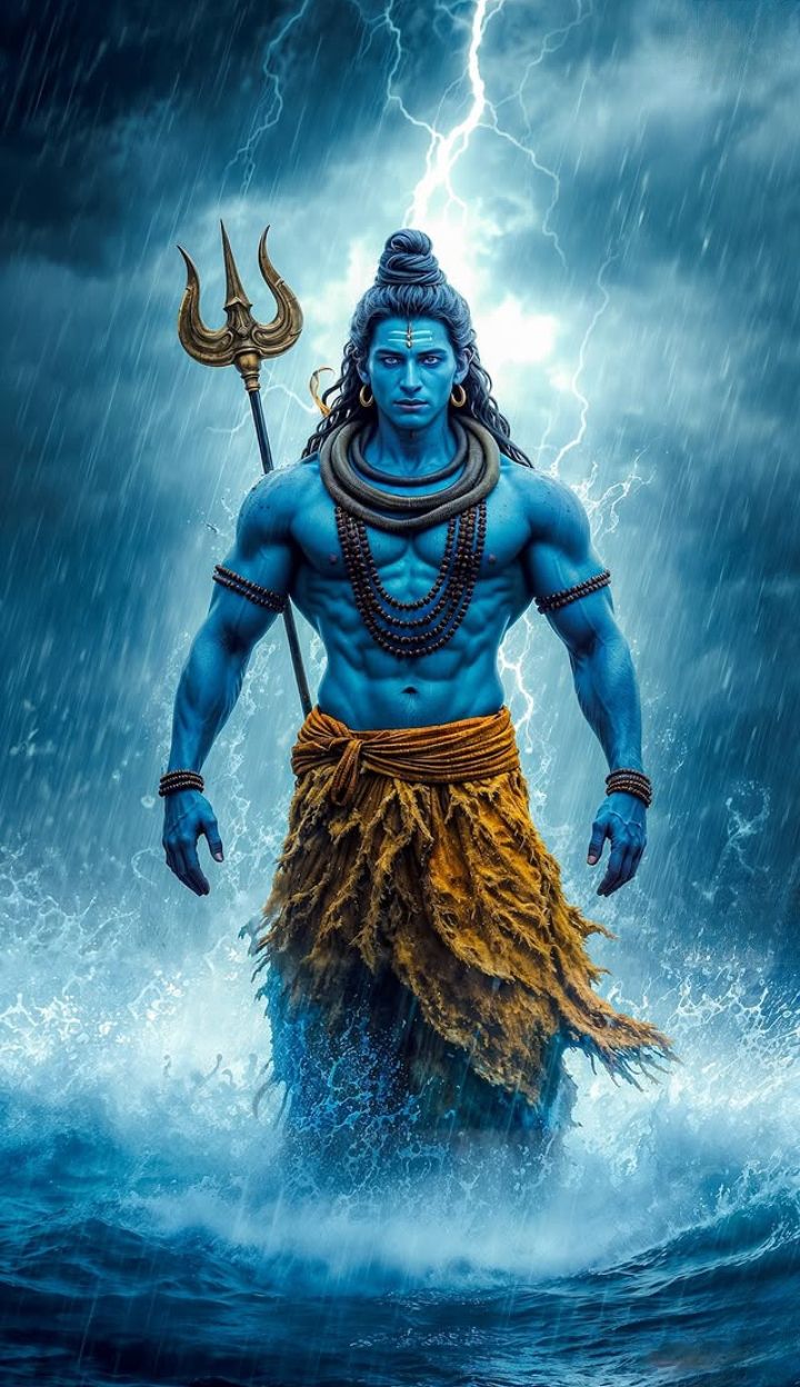 Powerful Shiva emerging from stormy ocean