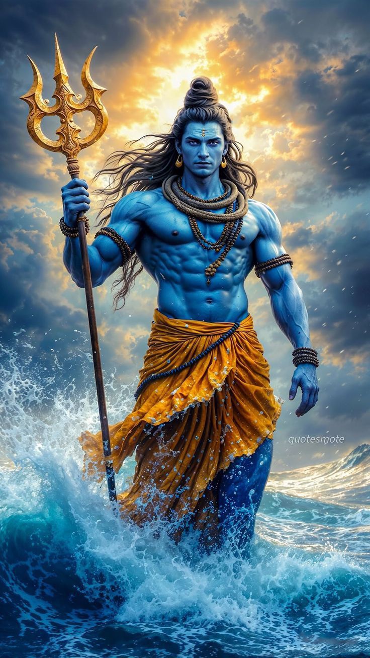 Shiva rising from the ocean with Trishul
