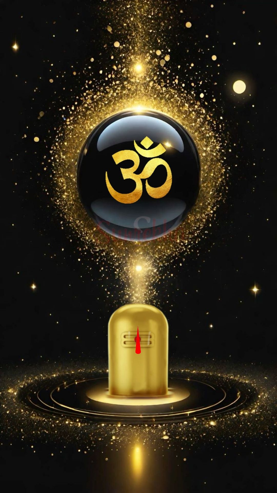 Golden Om symbol above Shiva Lingam