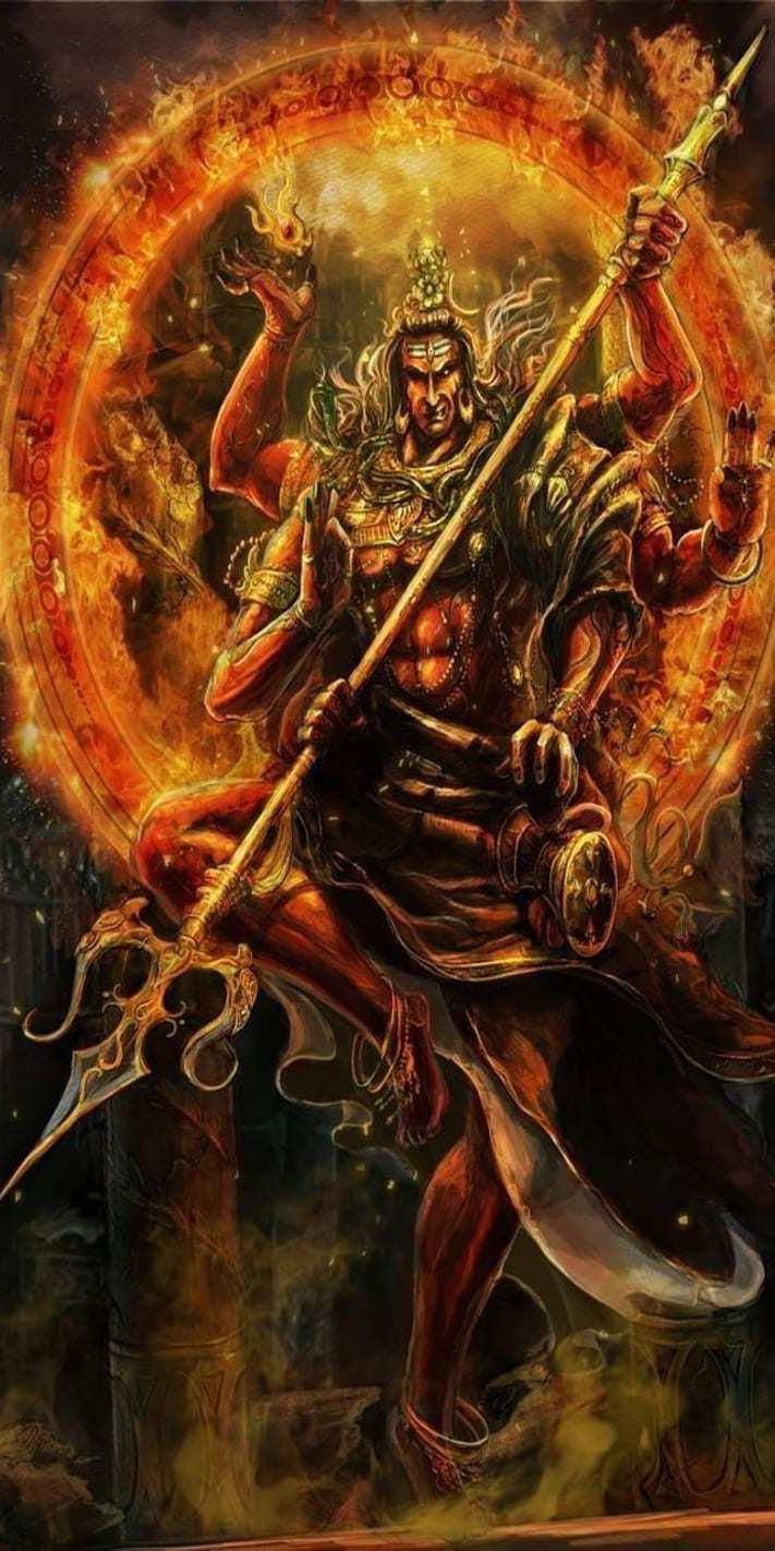 Fiery Shiva wielding Trishul, divine power.