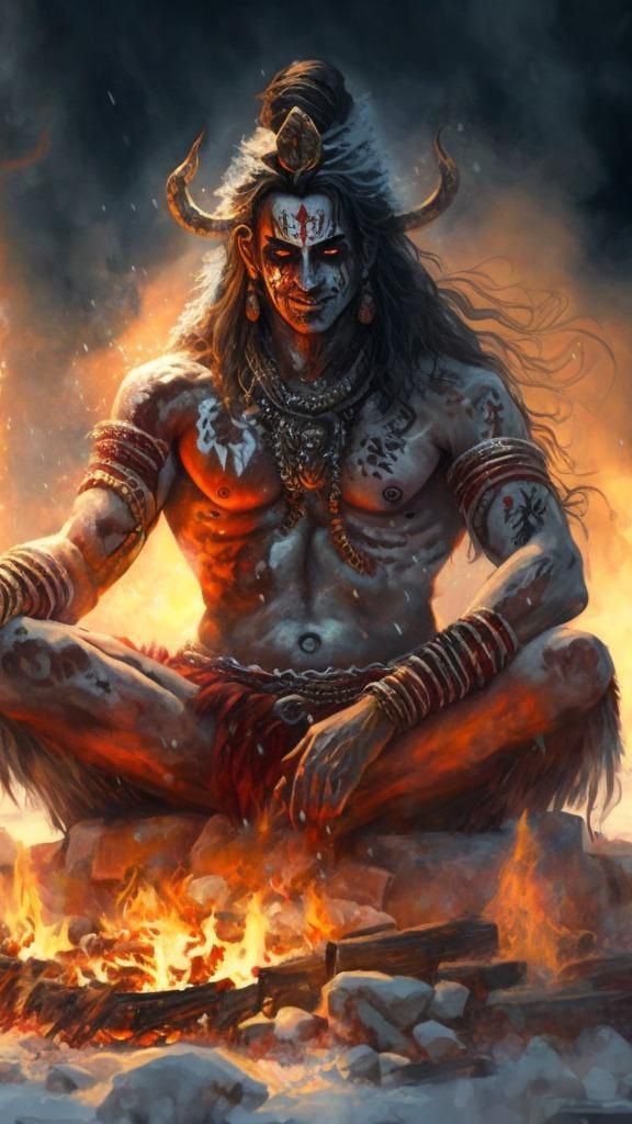 Lord Shiva meditating amidst fiery flames