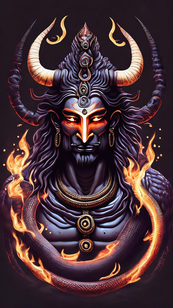 Fierce Lord Shiva portrait with flames