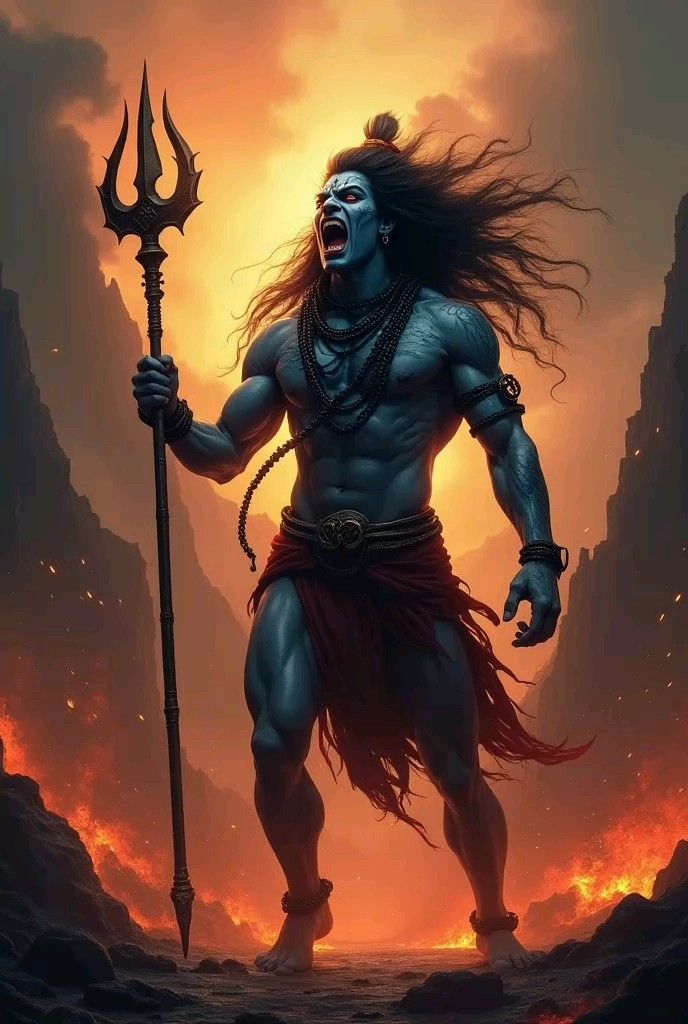 Fierce Shiva with Trishul, volcanic backdrop