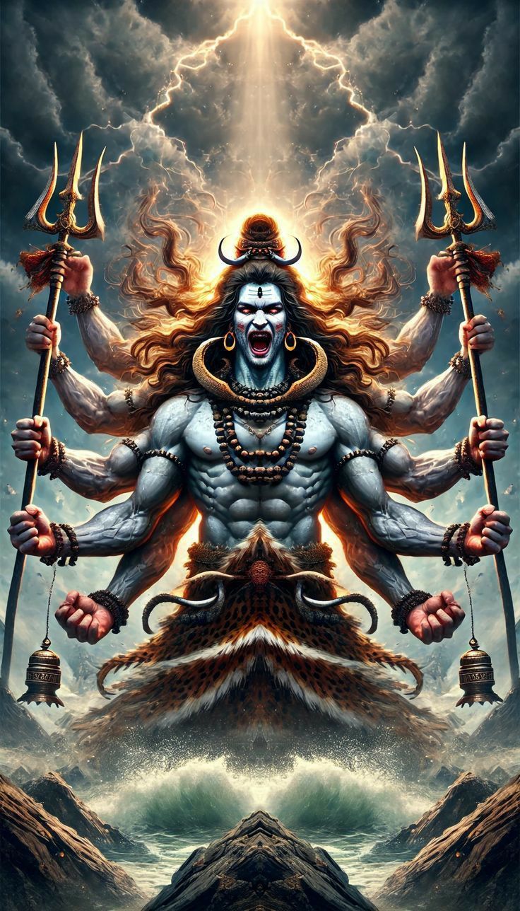 Fierce Shiva with multiple arms roaring