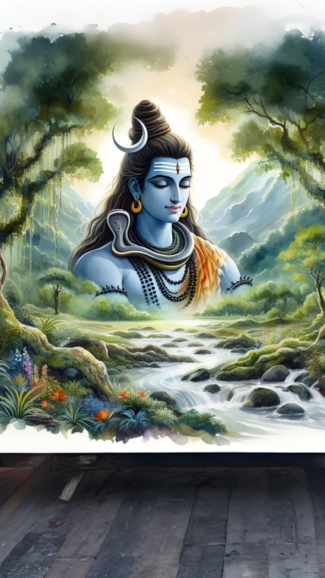 Peaceful Shiva meditating in mountains