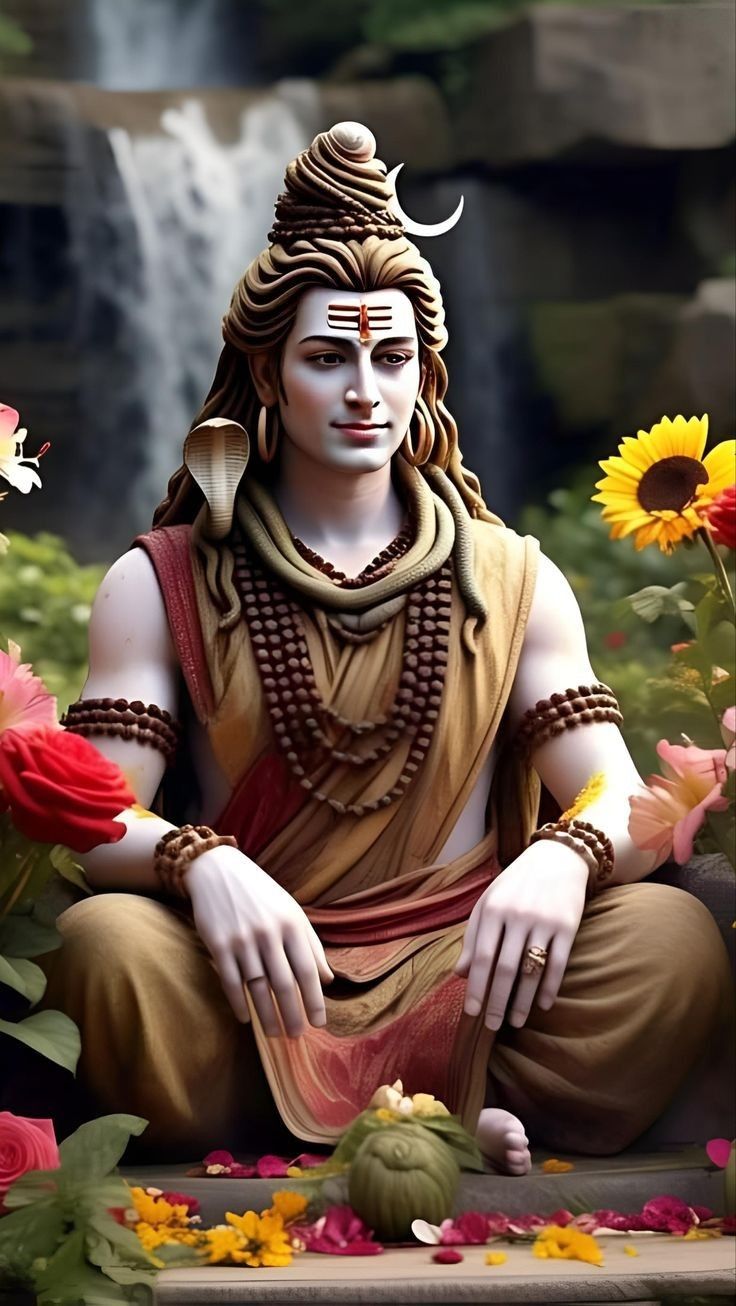 Lord Shiva meditating among vibrant flowers