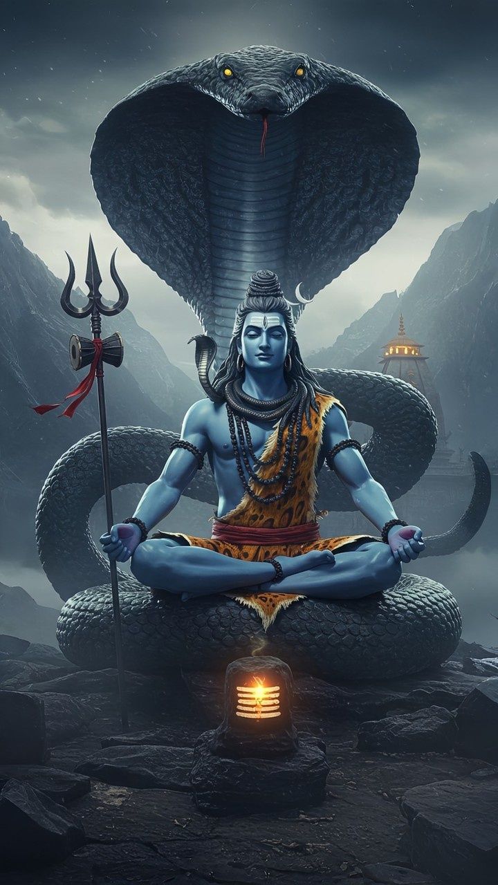 Meditating Shiva surrounded by a serpent.