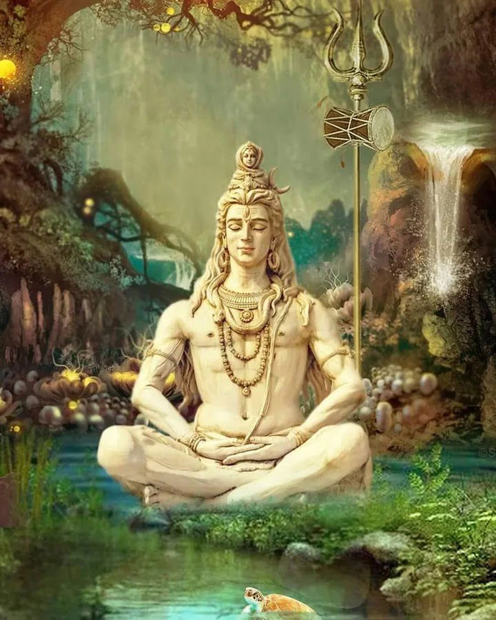 Meditating Shiva in a forest setting
