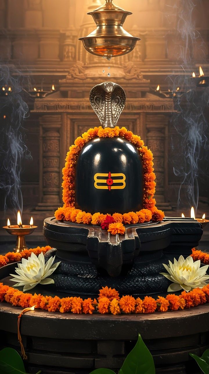 Shiva Linga with Cobra and Flowers
