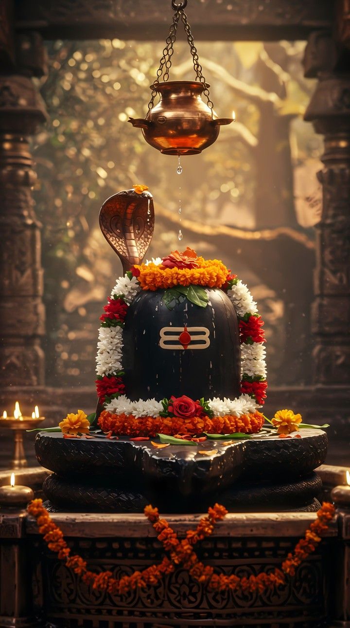 Shiva Lingam adorned with flowers