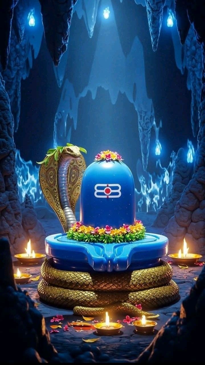 Shiva Linga amidst serpent and flowers