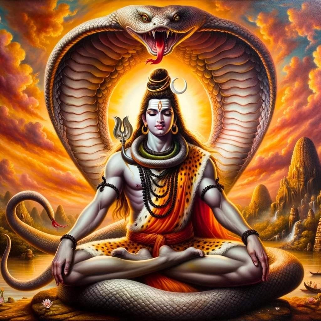 Shiva meditating with serpent backdrop