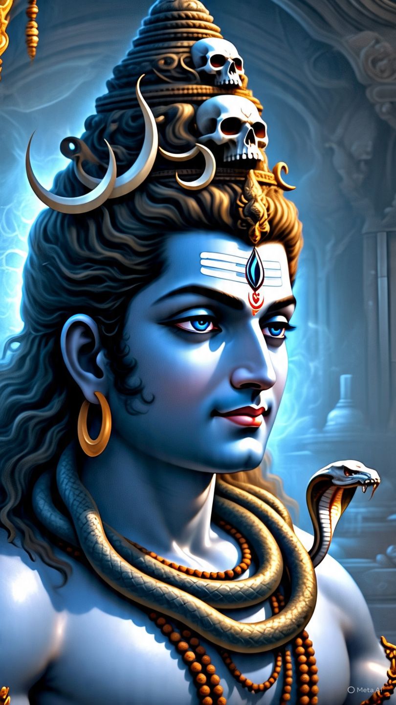 Lord Shiva portrait with serpent and skulls