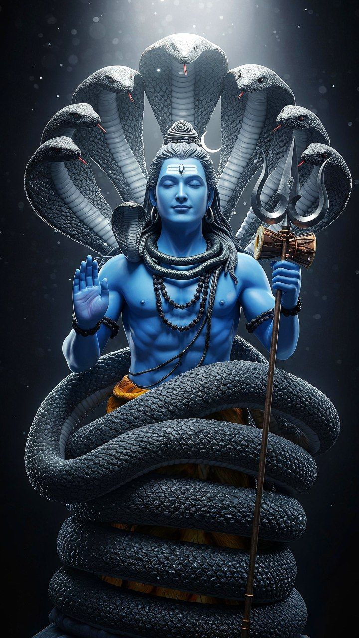 Blue-skinned shiva surrounded by serpents