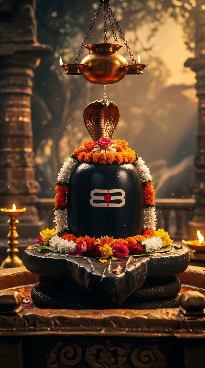 Shiva Linga adorned with snake and flowers