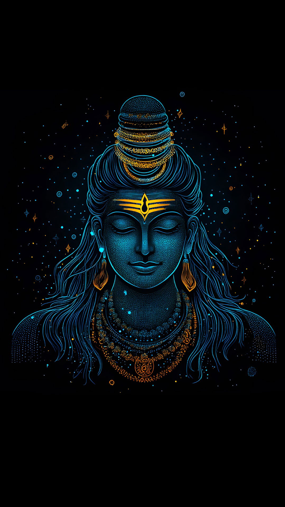 Blue Shiva portrait with cosmic background.