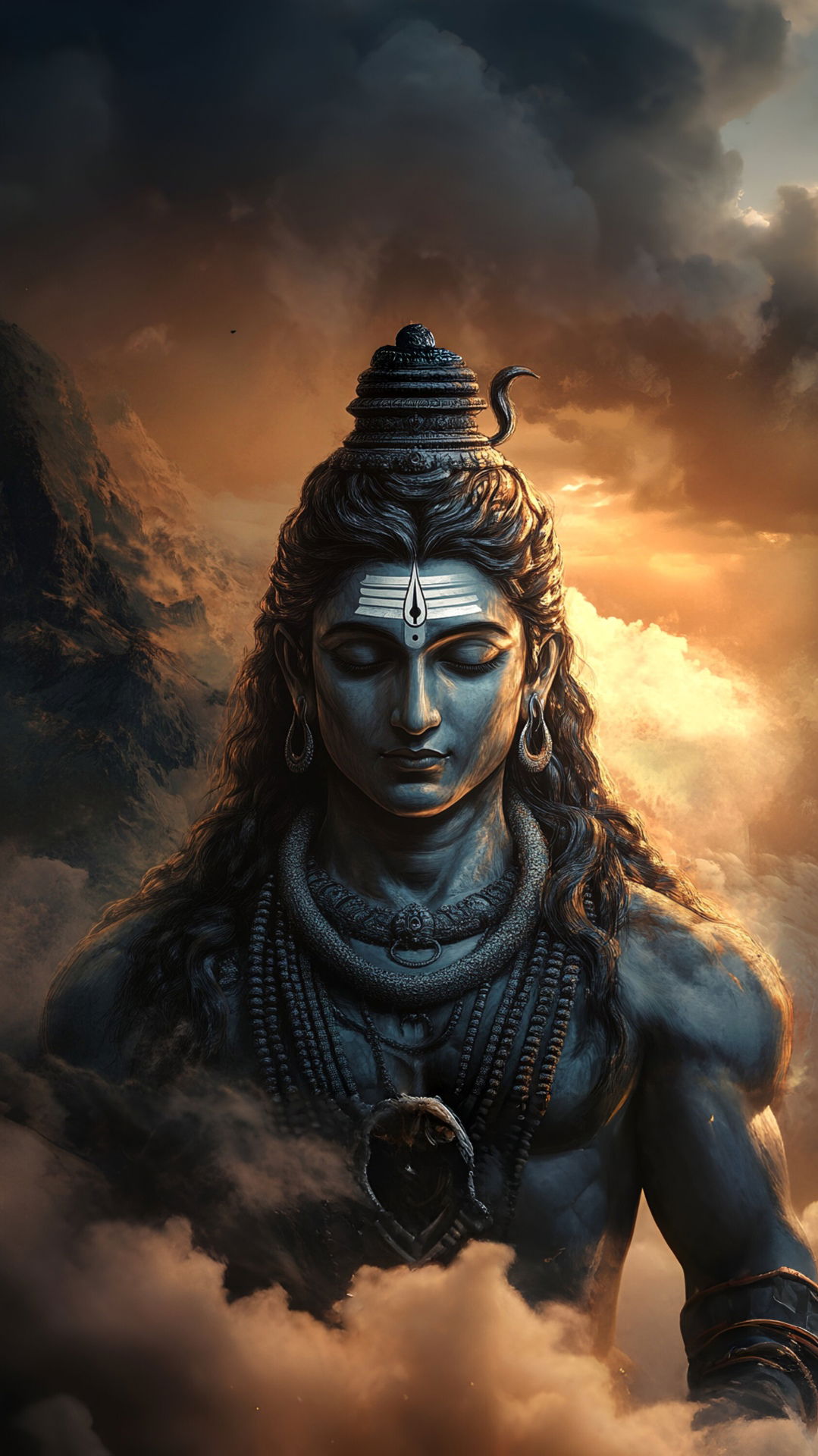 Meditating Shiva amidst mountain clouds.