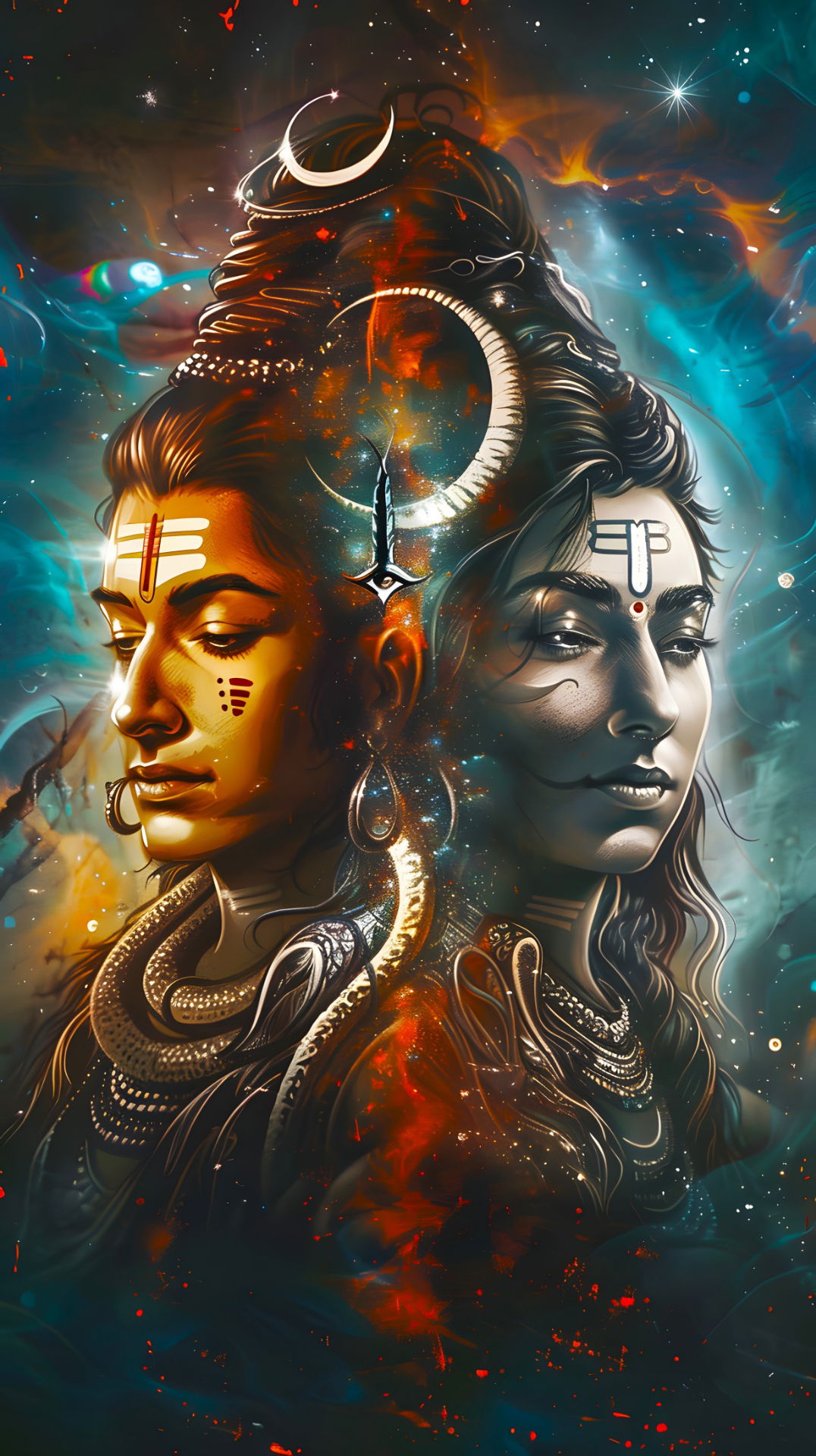 Shiva-Parvati cosmic portrait wallpaper.