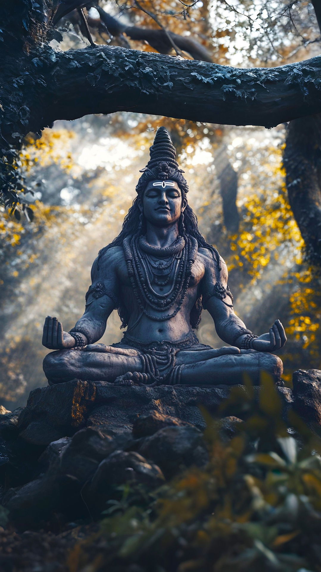 Meditating Shiva in a forest setting
