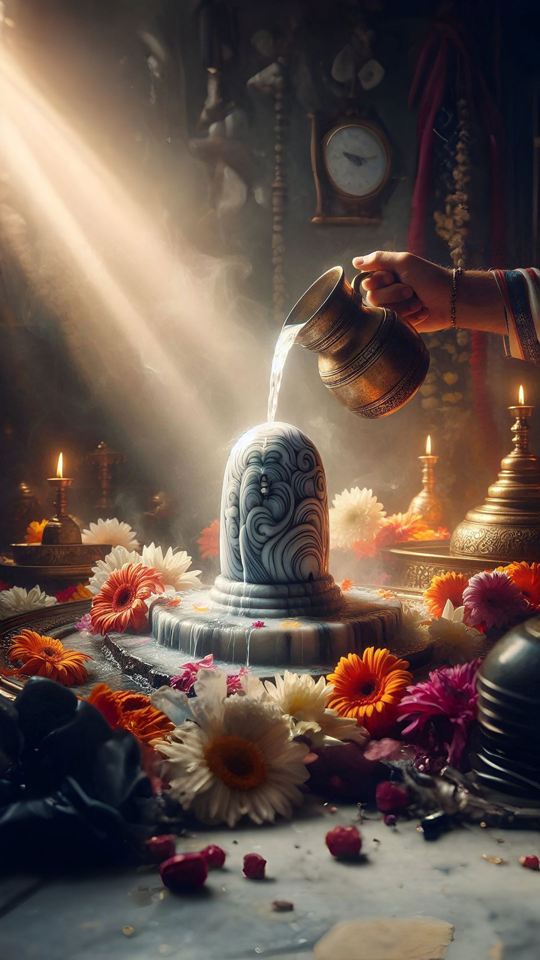 Shivalinga adorned with flowers and water.