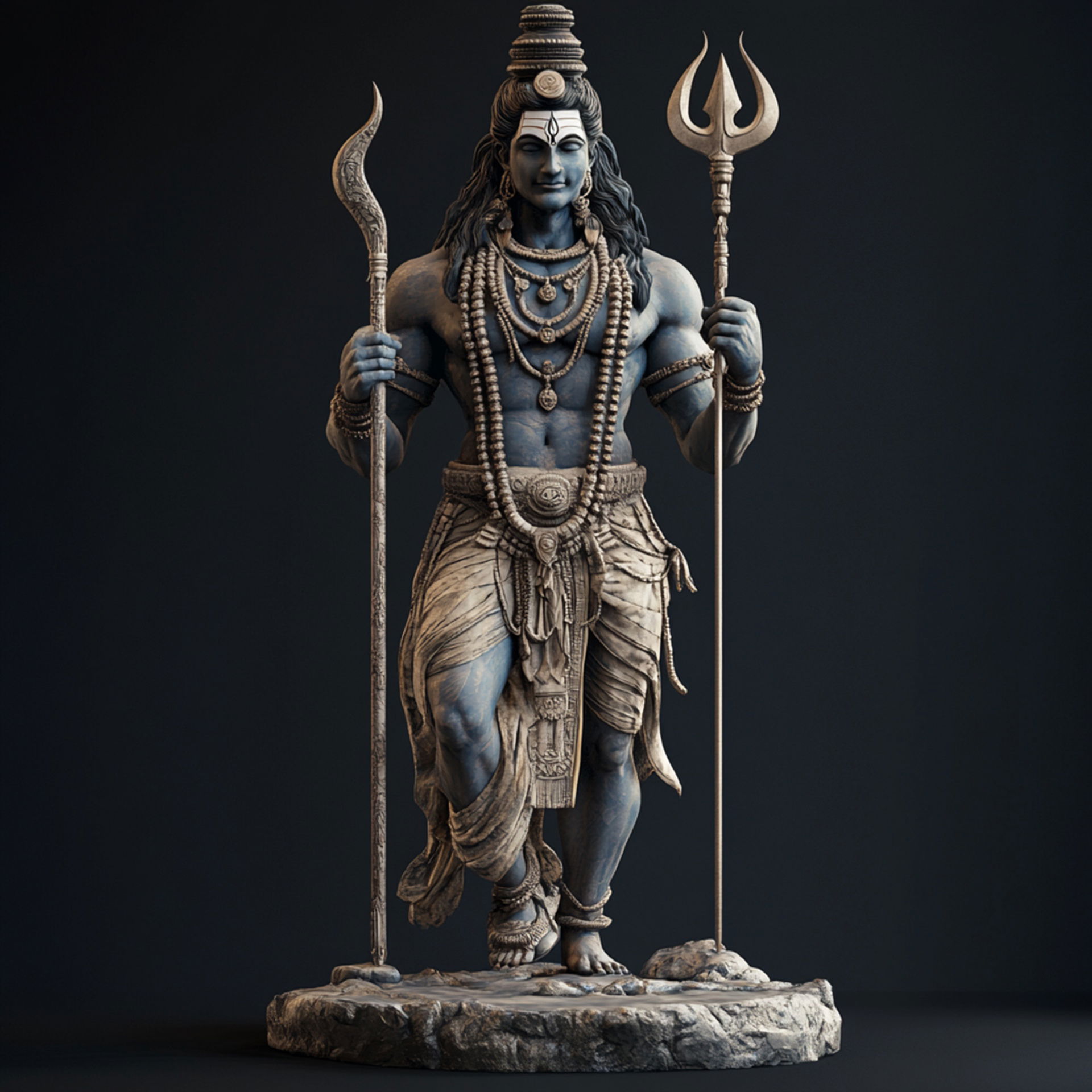 Blue-skinned Shiva holding trident and damru