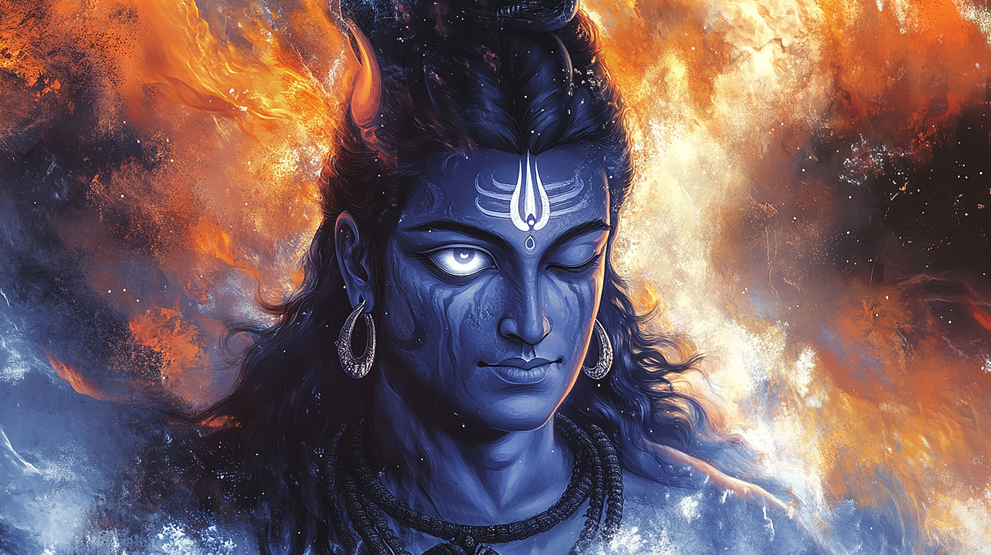 Intense portrait of Lord Shiva, cosmic backdrop