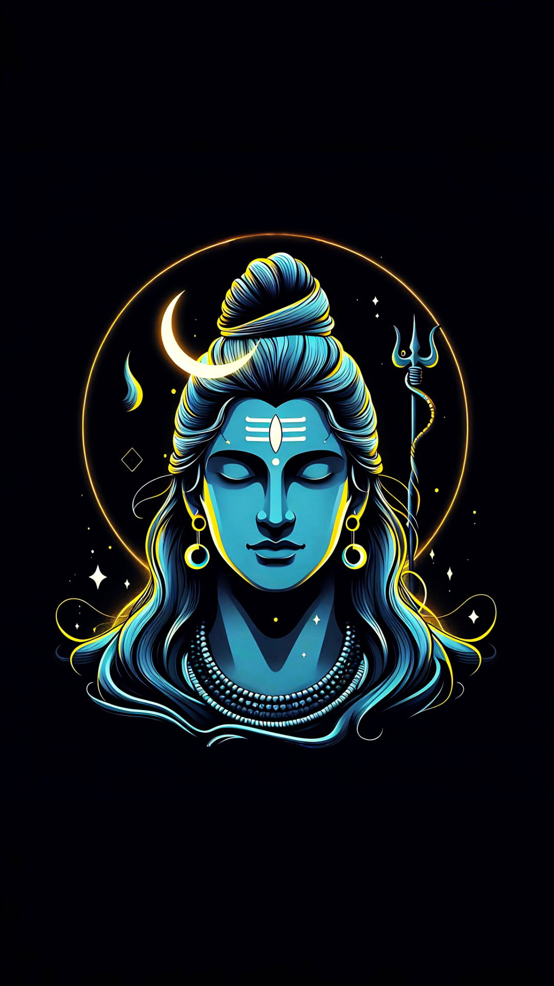 Blue Shiva portrait with Trishul, crescent moon.