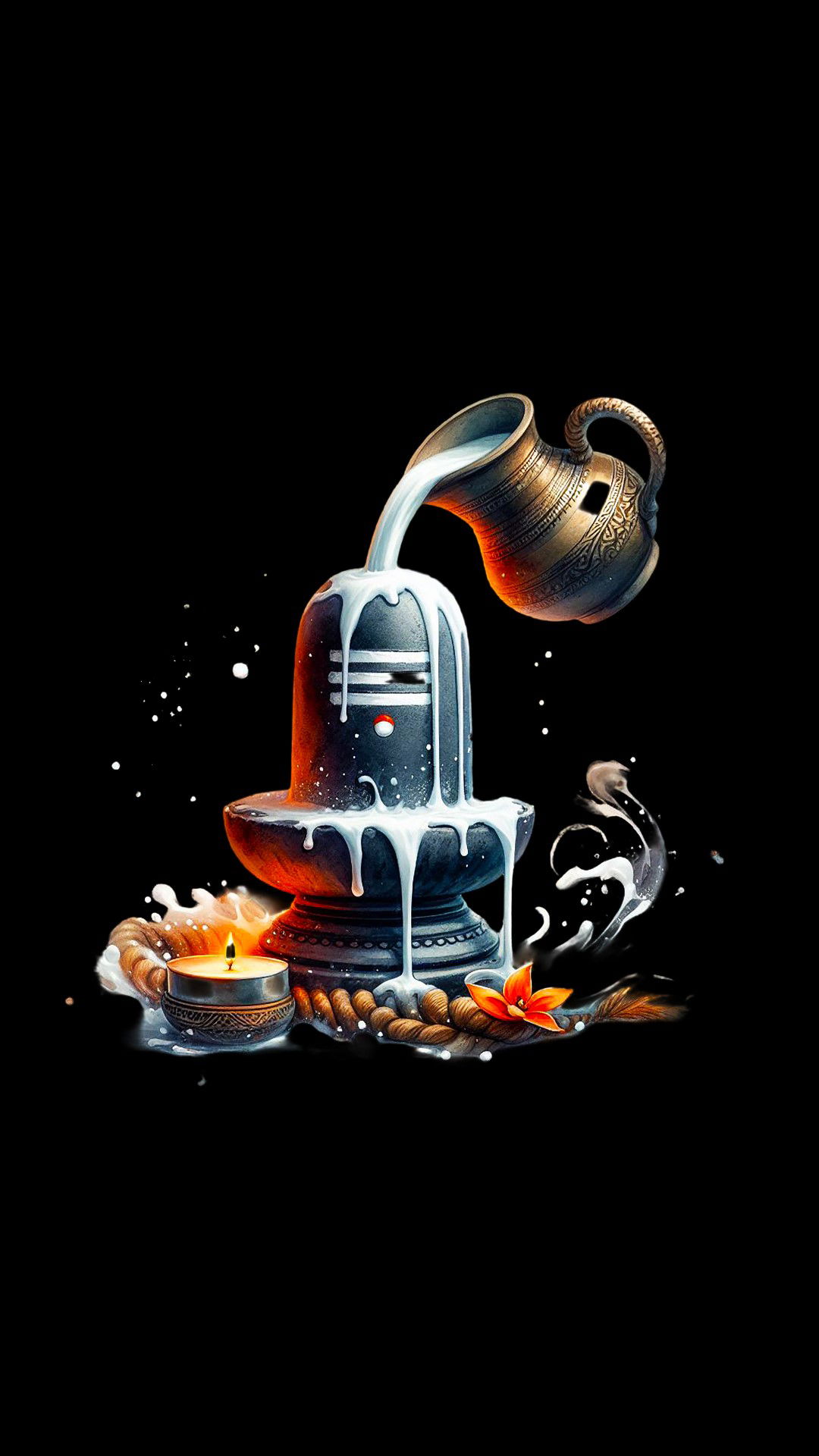 Shiva Linga with milk offering, black background