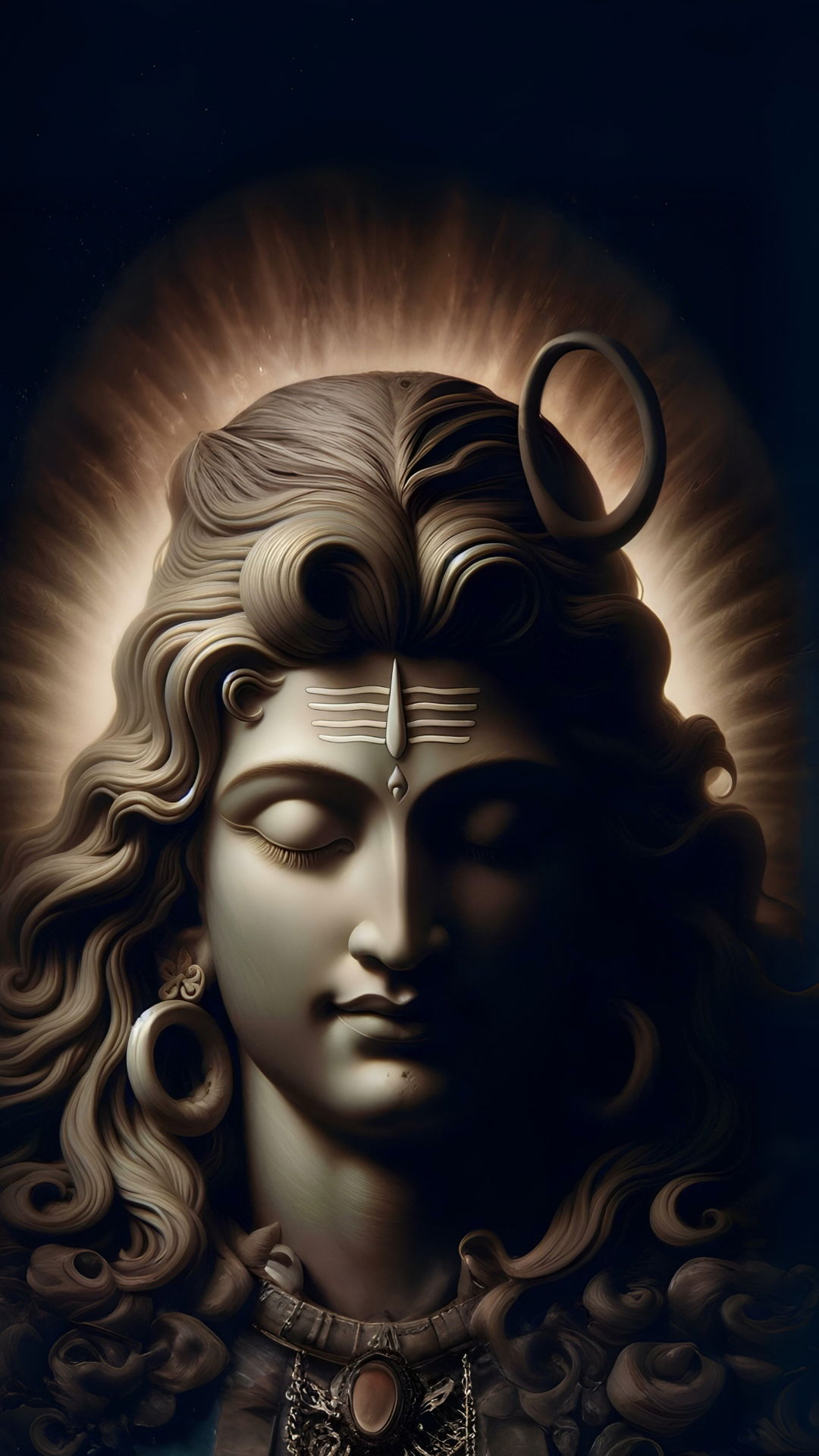 Shiva\'s serene face with cosmic glow.
