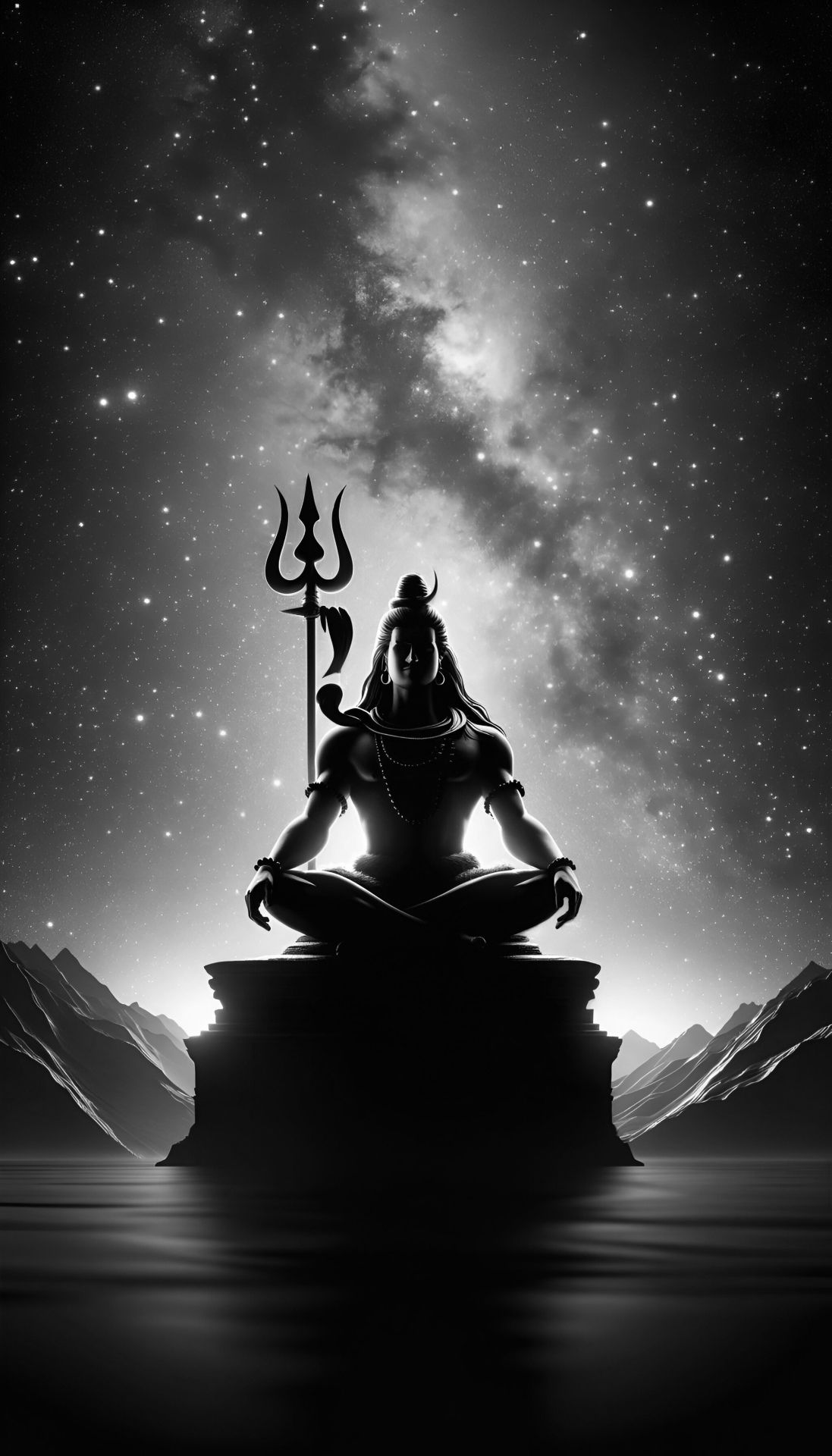 Meditating Shiva silhouette against starry sky