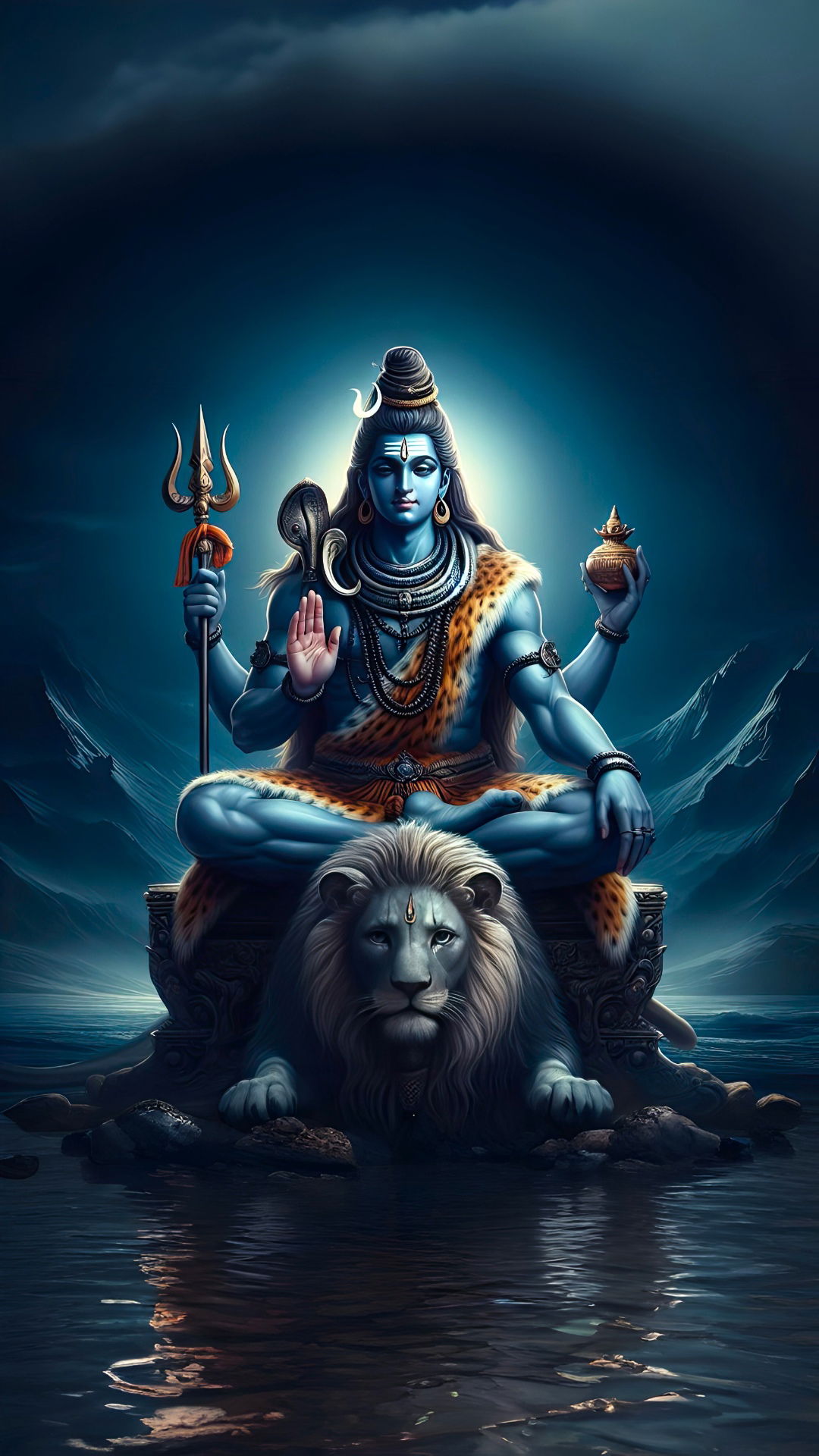 Lord Shiva meditating on a lion
