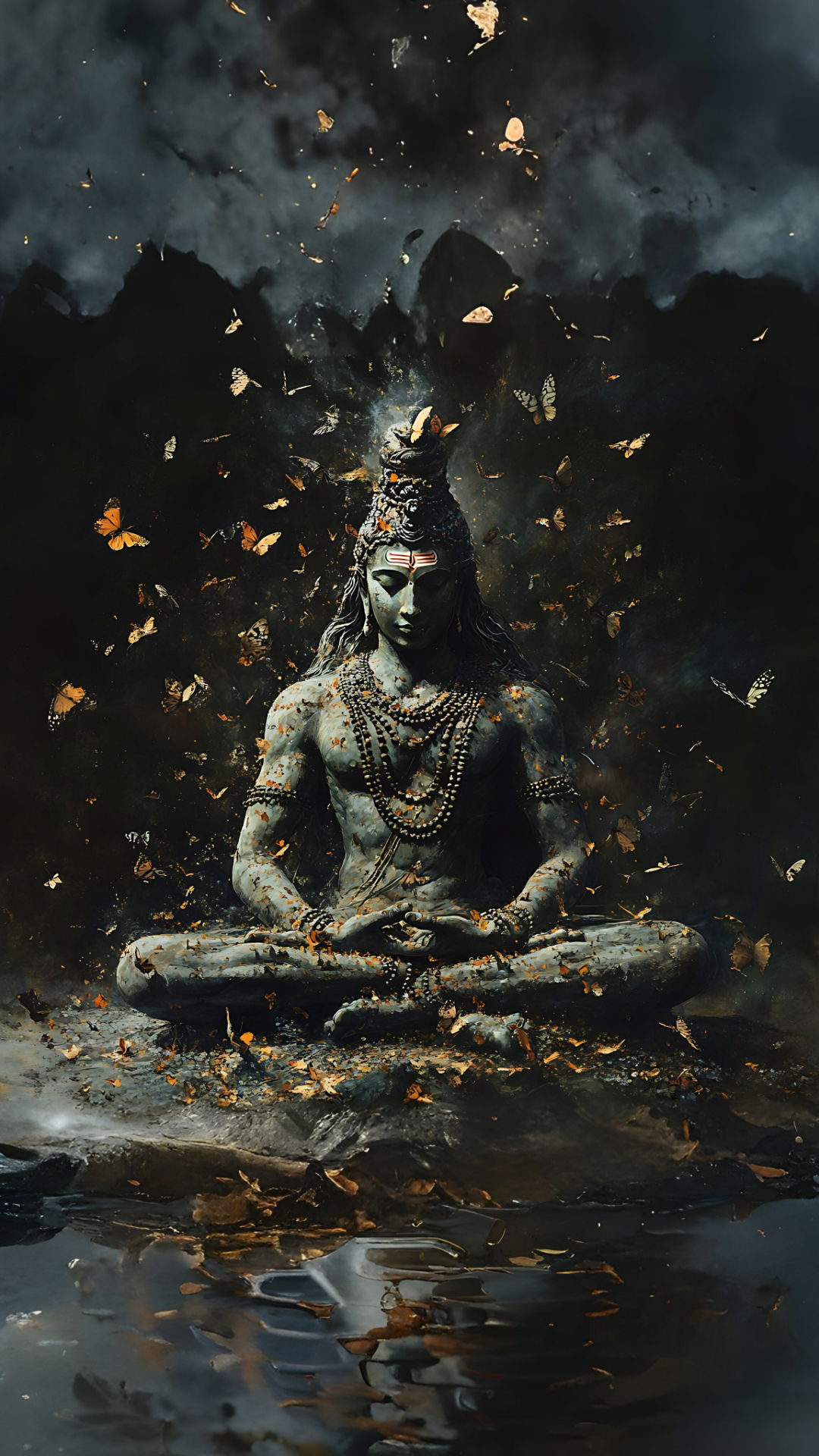 Meditating Shiva amidst falling petals