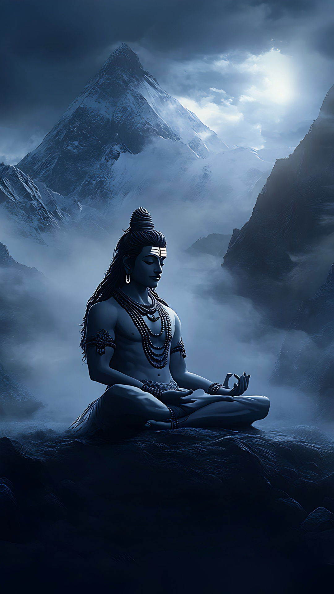 Meditating Shiva amidst snow mountains.