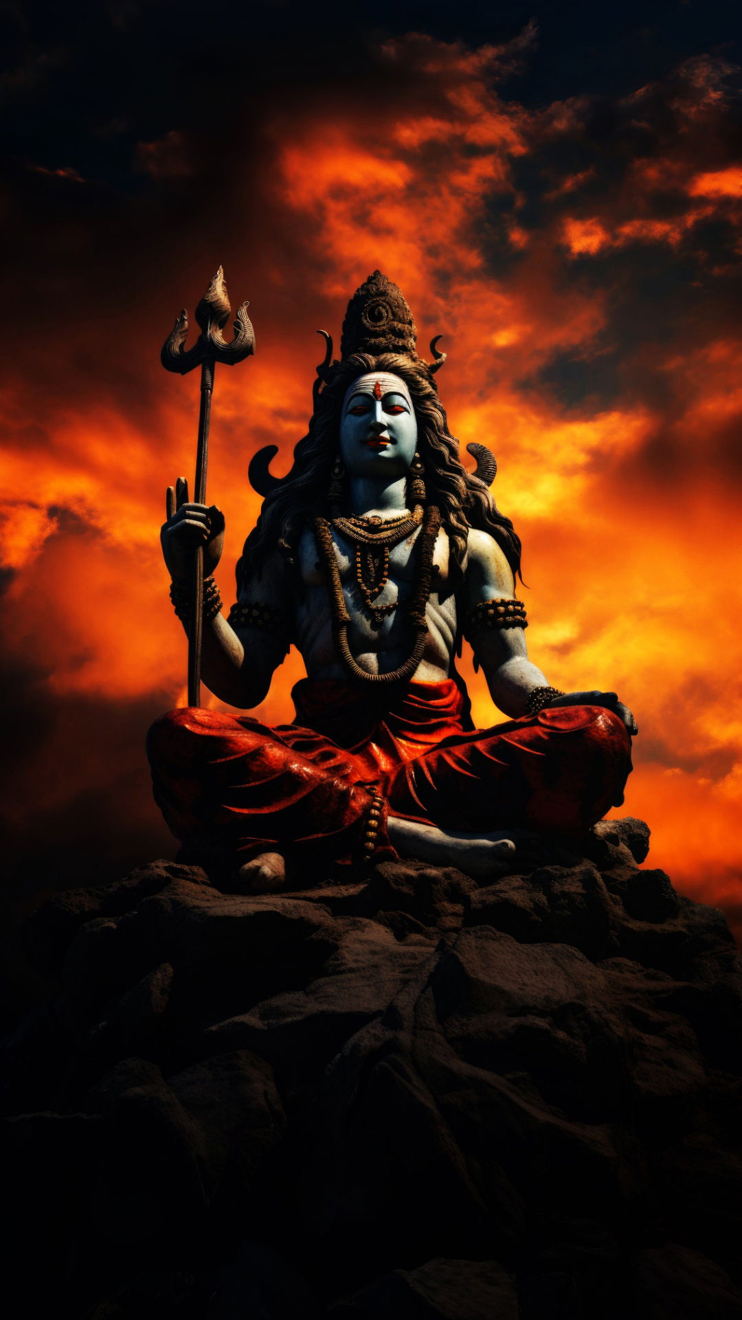 Shiva meditating amidst fiery clouds