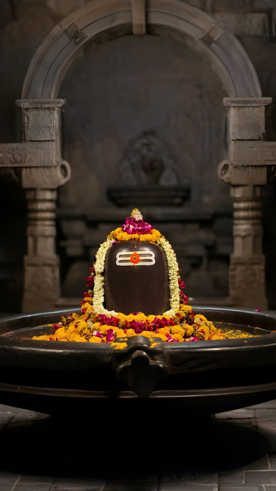 Shiva Linga adorned with marigolds flowers