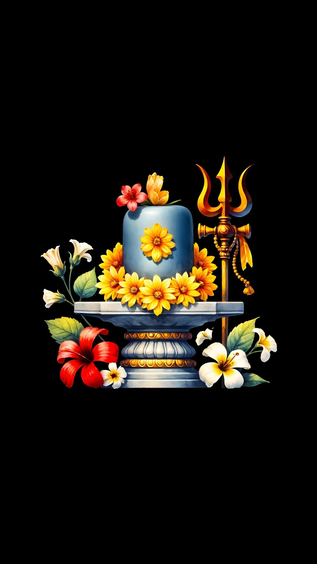 Shiva Lingam with flowers and Trishul.