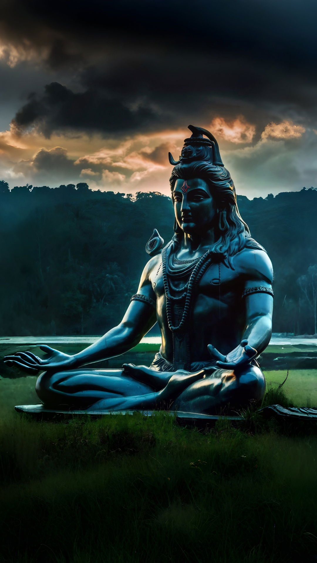 Meditating Shiva statue in scenic setting