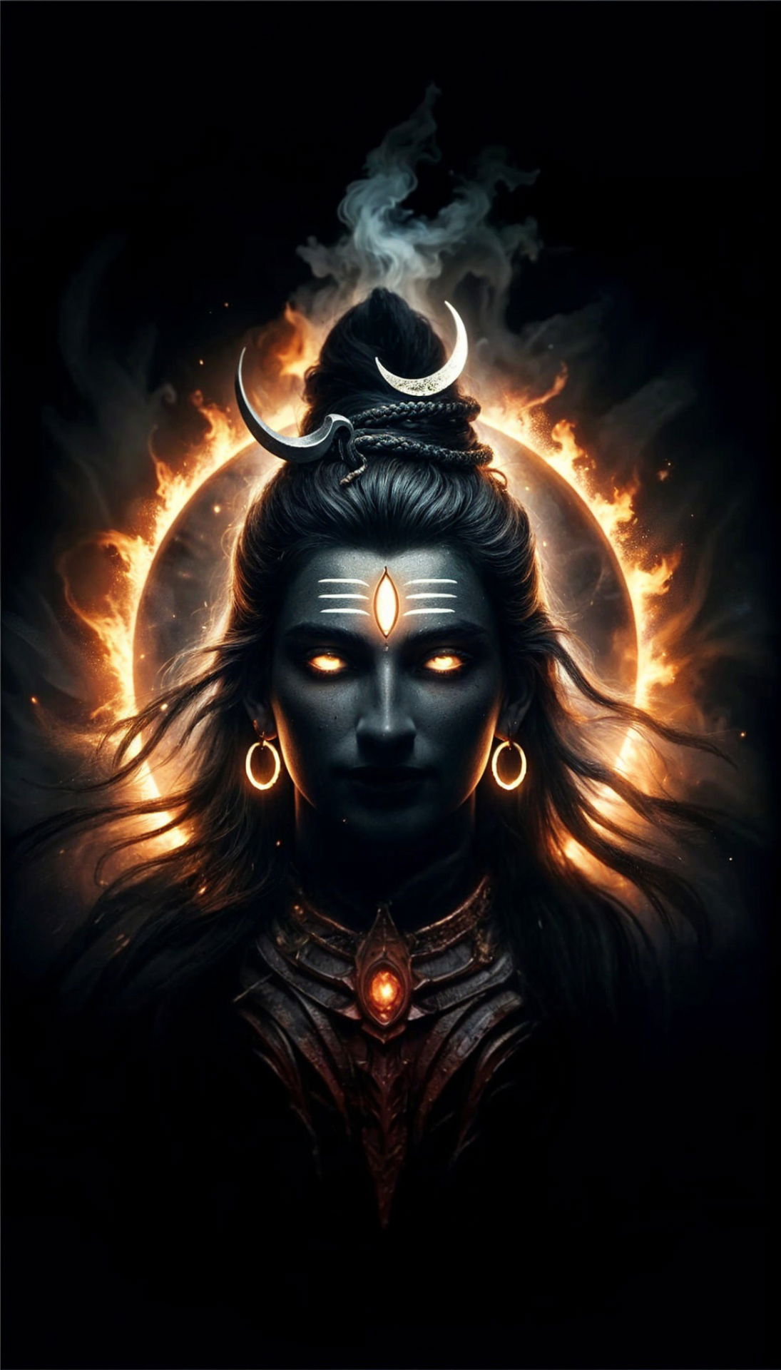Fiery Shiva portrait with crescent moon
